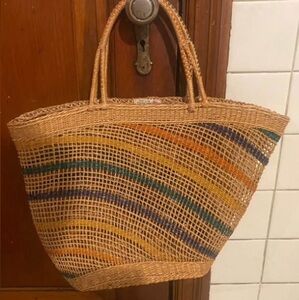 Woven Tan and Multicolor Tote Bag, vintage, from China
